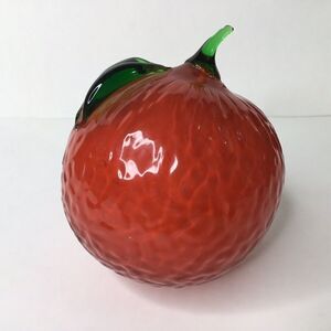 VTG Murano Art Glass Orange/Mandarine With Green Stem Paperweight/Home Decor